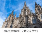 Barcelona, Spain: The Cathedral of the Holy Cross and Saint Eulalia (Catalan: Catedral de la Santa Creu i Santa Eulalia, Spanish: Catedral de la Santa Cruz y Santa Eulalia), in the evening light