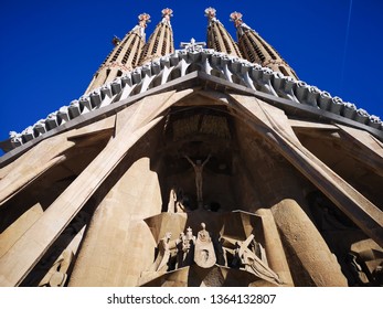 Barcelona, Spain - December 19, 2018: Inside Part Of La Sagrada Familia, Is A Large Unfinished Roman Catholic Church, Also Is Part Of A UNESCO World Heritage Site.