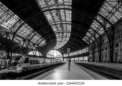 Barcelona, Spain. December 2018: Train Station Estacio De Francia In Barcelona, Spain. Black And White Image. Estaci De Franca Is The Second Busiest Railway Station Of The City