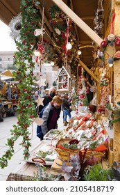 `Barcelona, Spain, December 2021-People Shopping At The Christmas Market In Barcelona