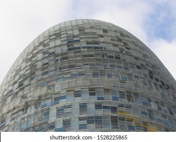 Barcelona, Spain, Europe: July 2018 -The Torre Glòries Skyscraper Exterior View