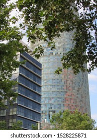 Barcelona, Spain, Europe: July 2018 -The Torre Glòries Skyscraper Exterior View