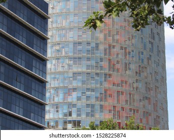 Barcelona, Spain, Europe: July 2018 -The Torre Glòries Skyscraper Exterior View