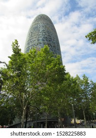 Barcelona, Spain, Europe: July 2018 -The Torre Glòries Skyscraper Exterior View