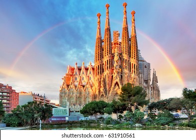 BARCELONA, SPAIN - FEB 10: View of the Sagrada Familia, a large Roman Catholic church in Barcelona, Spain, designed by Catalan architect Antoni Gaudi, on February 10, 2016. Barcelona