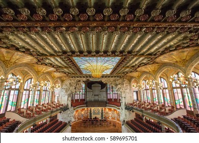 BARCELONA, SPAIN - FEB 16: The Palau de la Musica Catalana is a concert hall, built by the architect Lluis Domenech i Montaner between 1905 and 1908, on Febrary 16, 2017. Barcelona