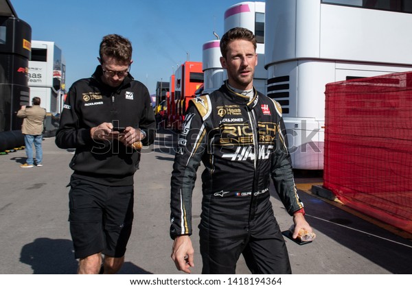 Barcelona, Spain. Feb, 18th, 2019 - Romain\
Grosjean of France with  8 Haas F1 Team in the paddock at F1 Test\
at Circuit de\
Catalunya.