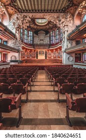 Barcelona, Spain - Feb 24, 2020: Back Seat View Of Stage In Concert Hall In Catalonia Music Hall