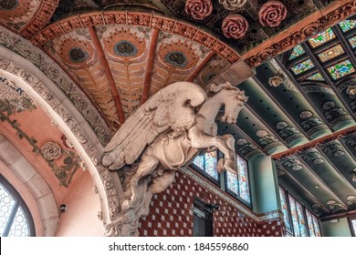 Barcelona, Spain - Feb 24, 2020: Sumptuous stone relief of pegasus inside Catalonia music hall