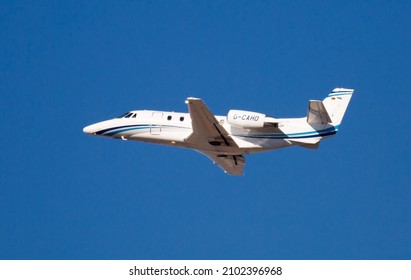 BARCELONA, SPAIN - FEBRUARY 02, 2020: Modern Private Business Jet Cessna 560 Citation XLS Operated By German Airline Air Hamburg In Blue Sky During Takeoff At International El Prat Airport