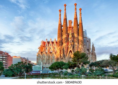BARCELONA, SPAIN - FEBRUARY 10: La Sagrada Familia - the impressive cathedral designed by Gaudi, which is being build since 19 March 1882 and is not finished yet February 10, 2016 in Barcelona, Spain.