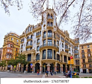 Barcelona, Spain - February 12, 2020: Casa Fuster Is A Modernist Building In Barcelona Designed And Created By Lluís Domènech I Montaner Between 1908 And 1910