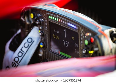 Barcelona, Spain - February 19-21, 2020: Formula 1 steering wheel, volant, with 1st gear in the display, Scuderia Ferrari car.