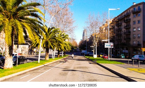 Barcelona, Spain - February 2 2013: Streetview With Palm Trees And Torre Glòries, Formerly Known As Torre Agbar, In Distance