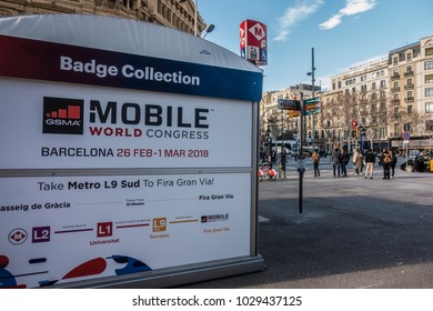 Barcelona, Spain. February 2018: Mobile World Congress Or MWC 2018 Badge Collection, Located At The Crossroads Of Passeig De Gràcia And Gran Via De Les Corts Catalanes.