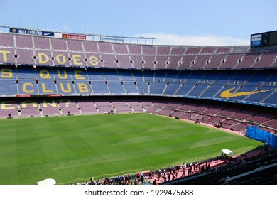 Barcelona, Spain- February 21, 2021: Interior view of Camp Nou Stadium. Touristic Cam Nou Tours in Barcelona Spain. FC Barcelona Stadium