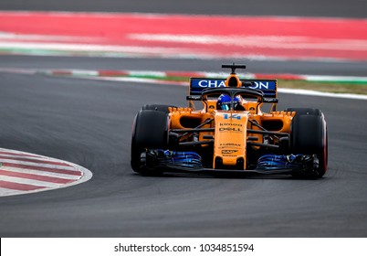 BARCELONA, SPAIN – FEBRUARY 26, 2018: Fernando Alonso of Mclaren Renault during Formula One Test Days that celebrates at Circuit of Barcelona Catalunya.
