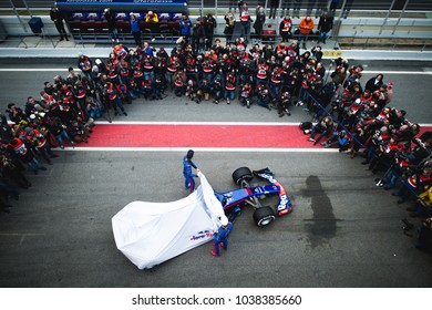 Barcelona, Spain - February 26-27, 2018: F1 RedBull Toro Rosso Team Presentation At Formula One Testing At Catalunya Circuit In Barcelona, Spain.