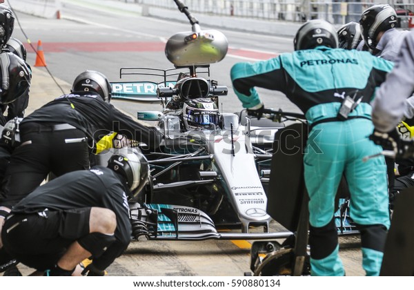 Barcelona, Spain.\
February 27  F1 test days for the season 2017. Valtteri Bottas,\
Mercedes, during the\
pit-stop.