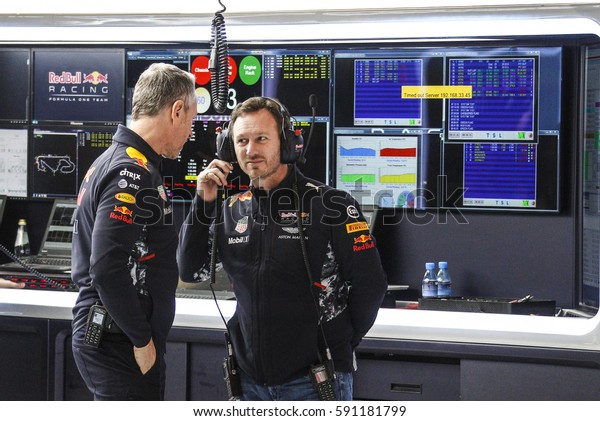 Barcelona, Spain.\
February 27   F1 test days for the season 2017. Christian Horner,\
team manager Red Bull,\
talking.