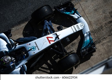 Barcelona, Spain - February 27 / March 2, 2017: Valtteri Bottas, Mercedes AMG Petronas F1 Team Driver Top View On Car  At Formula One Testing At Catalunya Circuit  In Barcelona, Spain.