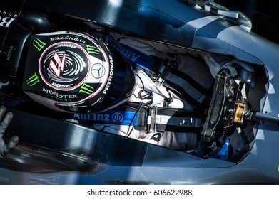 Barcelona, Spain - February 27 / March 2, 2017:  Top View On Valtteri Bottas In Helmet At Formula One Testing At Catalunya Circuit In Barcelona, Spain.