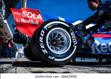 Barcelona, Spain - February 27 / March 2, 2017: F1 test days. Pirelli P Zero tyres on F1 Toro Rosso Team car at Formula One testing at Catalunya circuit in Barcelona, Spain.