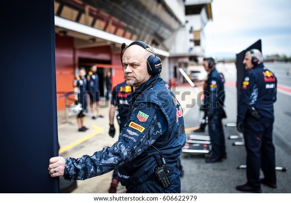 Barcelona, Spain - February 27 / March\
2, 2017: Red Bull Racing team, engineer working on pitlane at\
Formula One testing at Catalunya circuit in Barcelona,\
Spain.