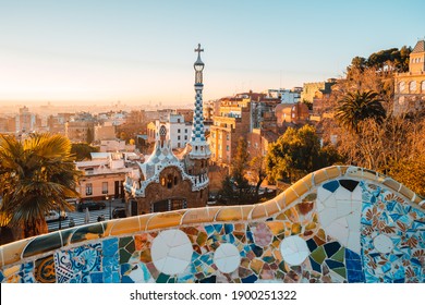 BARCELONA, SPAIN- JANUARY 16, 2020: Barcelona at sunrise viewed from park Guell, Barcelona