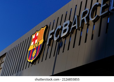 Barcelona, Spain - January 26, 2022: - FC Barcelona logo on exterior of Camp Nou stadium