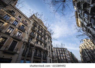 Barcelona, Spain - January 29, 2017: urban view in Eixample district in Barcelona Catalonia Spain