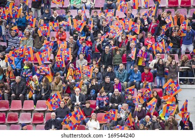 BARCELONA, SPAIN - JANUARY 3: Some Supporters At FC Barcelona Team In Open Doors Training Session At Mini Estadi Stadium, With 13,200 Spectators, On January 3, 2014, In Barcelona, Spain.