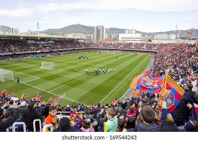 BARCELONA, SPAIN - JANUARY 3: Some Supporters At FC Barcelona Team In Open Doors Training Session At Mini Estadi Stadium, With 13,200 Spectators, On January 3, 2014, In Barcelona, Spain.