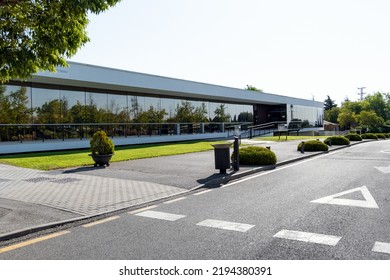 Barcelona, Spain - July 10, 2022: Main Entrance Of The Terrassa Funeral Home, A Building With A Modern Design Located In A Pine Forest Area