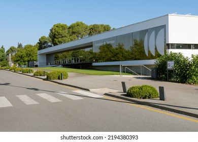 Barcelona, Spain - July 10, 2022: Main Entrance Of The Terrassa Funeral Home, A Building With A Modern Design Located In A Pine Forest Area