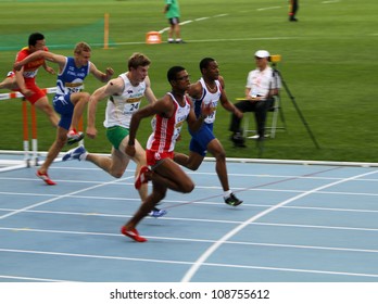 BARCELONA, SPAIN - JULY 12: Athletes Compete In The 110 Meters Final On The 2012 IAAF World Junior Athletics Championships On July 12, 2012 In Barcelona, Spain.