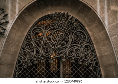 BARCELONA, SPAIN - July 15, 2018: Detail From The Entrance Of Palau Güell (Guell Palace) Showing Twisted Ironwork.