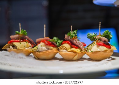 Barcelona, Spain, July 2018. Food On Display In A Restaurant In Barcelona, Spain.