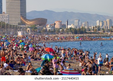 Barcelona, Spain. July 2021. Barceloneta And San Sebastián Beach In Barcelona In Summer. Crowded Playa, Tourism.