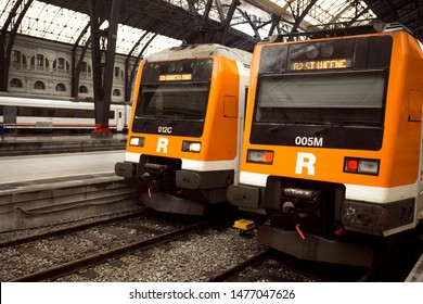 BARCELONA, SPAIN - JULY 26, 2019: Electric Trains At Platform At Estació De França Railway Station.