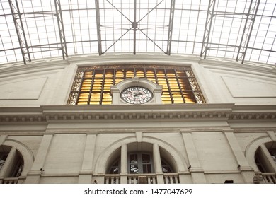 BARCELONA, SPAIN - JULY 26, 2019: Low Angle View Of Old Clock On Building At Estació De França Railway Station.