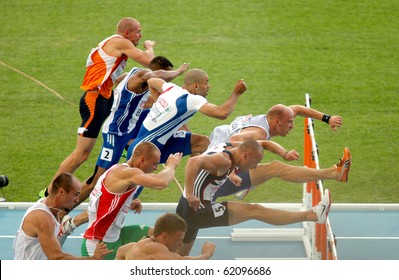 BARCELONA, SPAIN - JULY 30: Competitors of 100m Hurdles Men during the 20th European Athletics Championships at the Olympic Stadium on July 30, 2010 in Barcelona, Spain