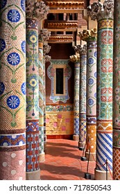 BARCELONA, SPAIN - June 12, 2016.
The colorful balcony of the Palau de la Musica Catalana ("Palace of the Catalan Music"), a work by Catalan architect Lluis Domench i Montaner.
