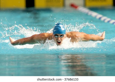 BARCELONA, SPAIN - JUNE 14: American World champion swimmer Davis Tarwater swims butterfly style during the Mare Nostrum meeting in Barcelona's Sant Andreu club, June 14, 2007 in Barcelona, Spain.