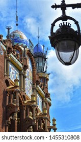 BARCELONA - SPAIN - JUNE 2019: The Palau De La Musica Catalana Concert Hall By The Architect Lluís Domènech I Montaner. Vertical Pic.