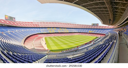 BARCELONA, SPAIN - JUNE 23, 2012: Panoramic View Of Empty Camp Nou Football Stadium. Capacity: Over 98.000 Spectators. Barcelona, Spain