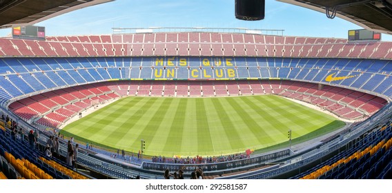 BARCELONA, SPAIN - JUNE 23, 2012: Panoramic View Of Empty Camp Nou Football Stadium. Capacity: Over 98.000 Spectators. Barcelona, Spain