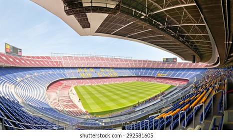 BARCELONA, SPAIN - JUNE 23, 2012: Panoramic View Of Empty Camp Nou Football Stadium. Capacity: Over 98.000 Spectators. Barcelona, Spain