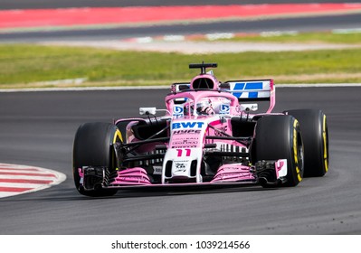 BARCELONA, SPAIN - MARCH 1, 2018: Sergio Perez During Formula One Test Days At Circuit Of Barcelona Catalunya.