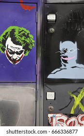 Barcelona, Spain - March 14, 2011: Graffiti Of Joker And Batman Painted On Student Desks In Massana Art School In Barcelona, Spain.